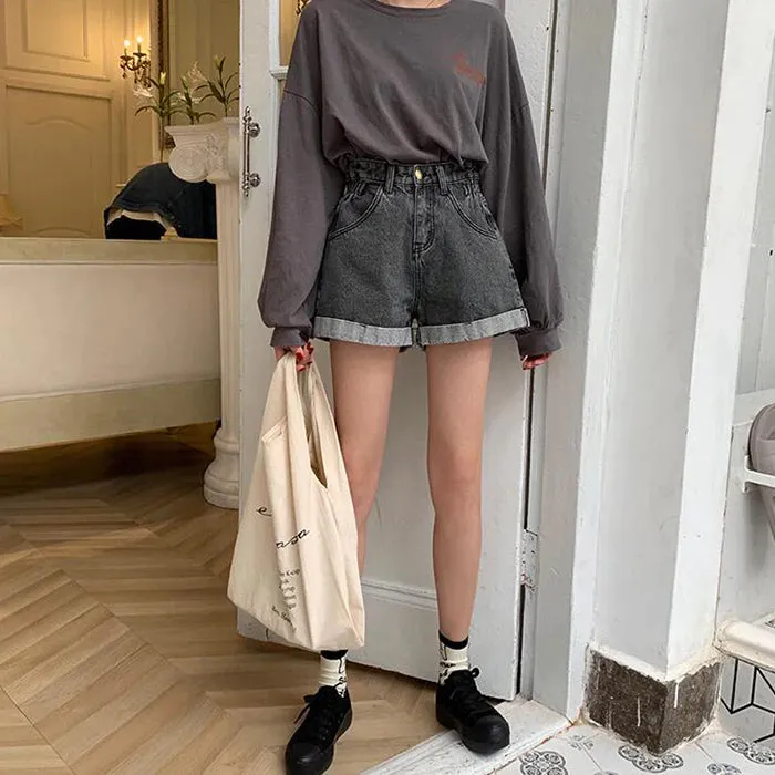 High Waist Retro Denim Wide Leg Shorts Jeans