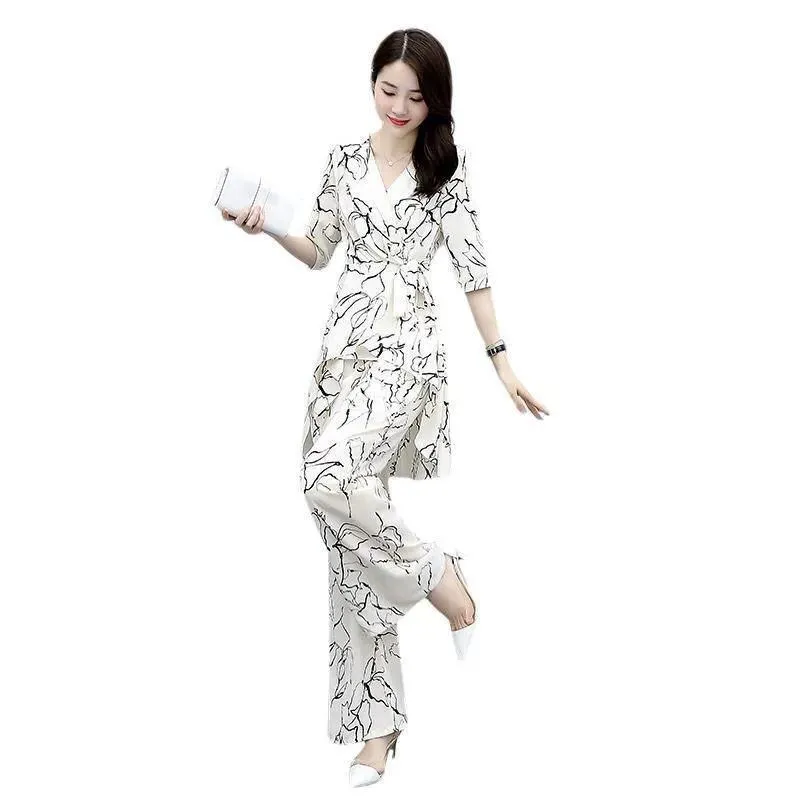High-waist Wide-leg Pants Suit Summer Plus Size Suit Vertical Wide-leg Pants V-neck Short-sleeved Top Waist Slimming Casual Suit