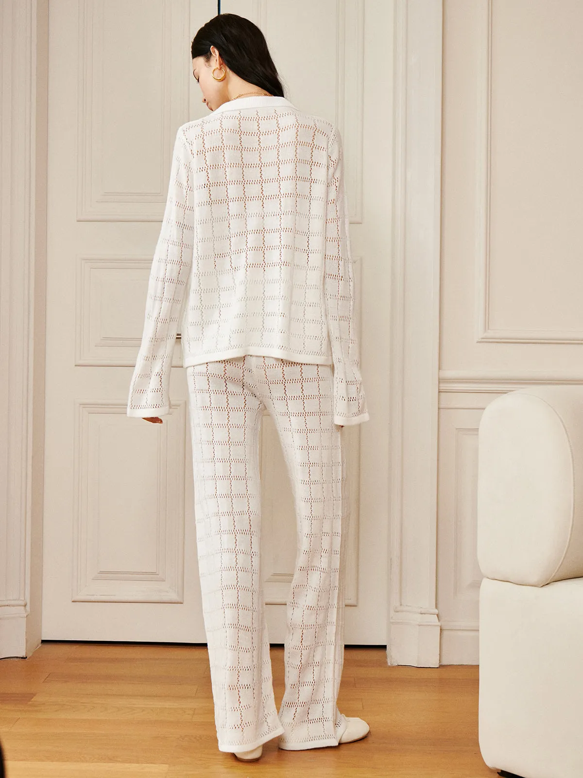 Hollow Plaid Drawstring Pants Set