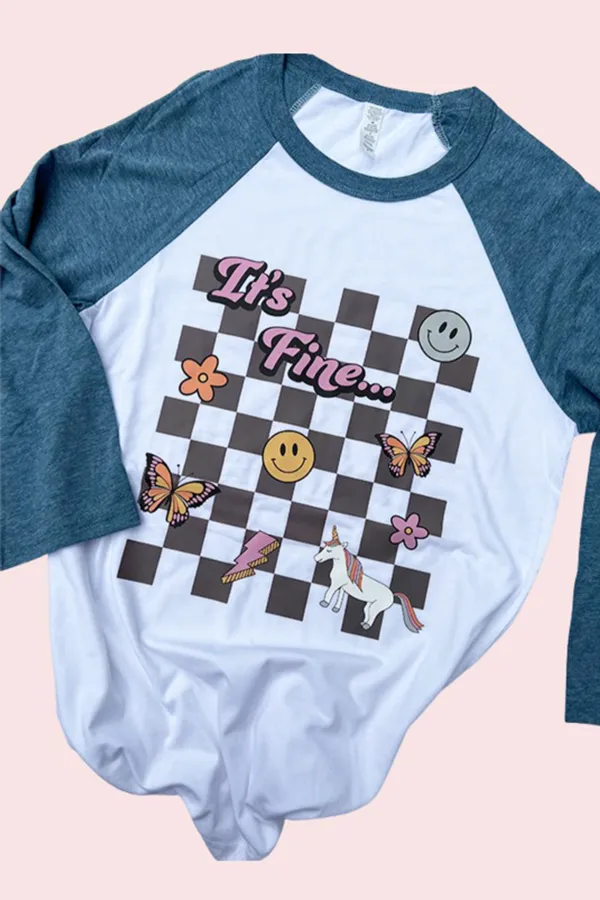 It's Fine Checker Baseball Tee - White/Denim