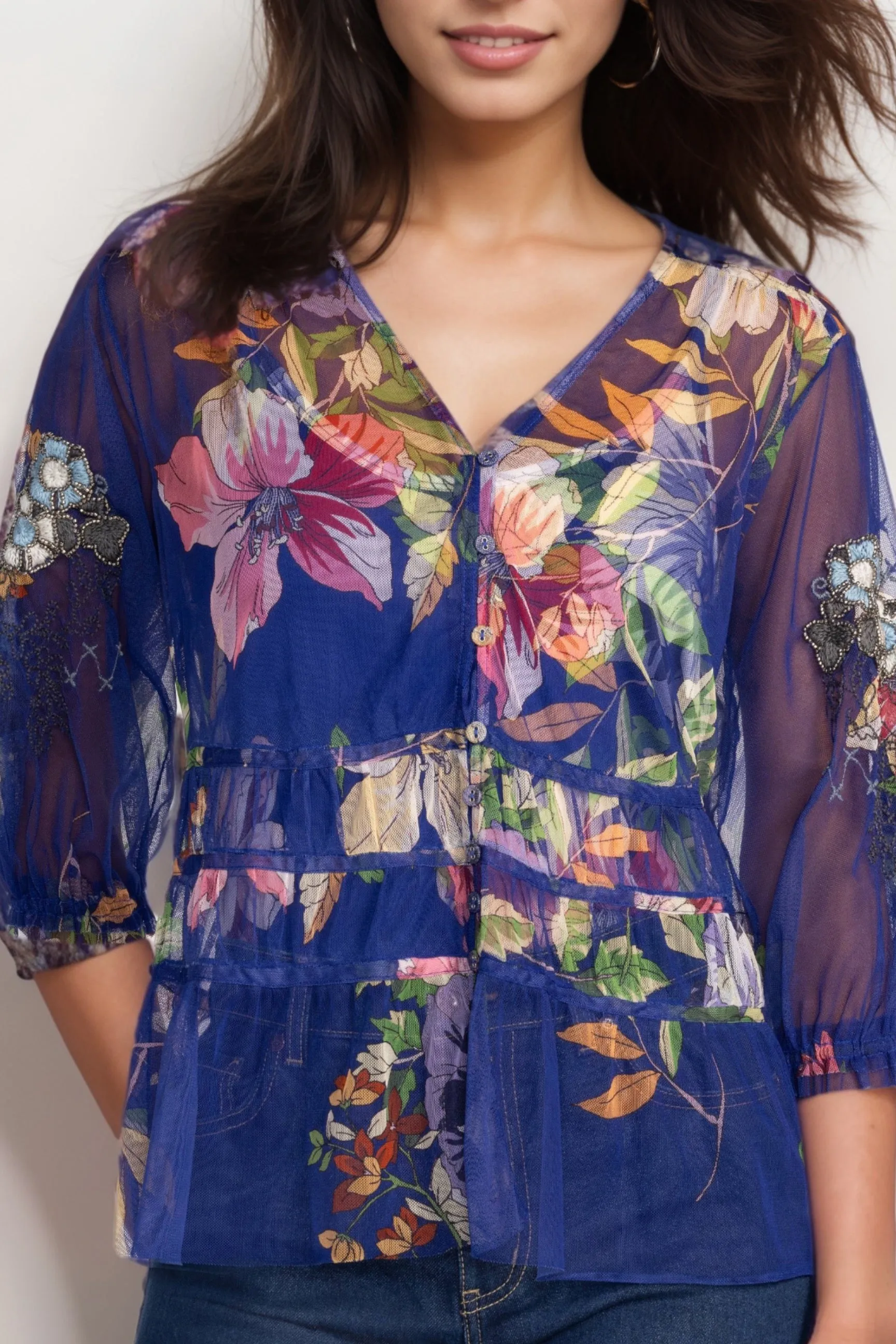 Johnny Was Biya Blue Mazzy Ruched Mesh Blouse B15824