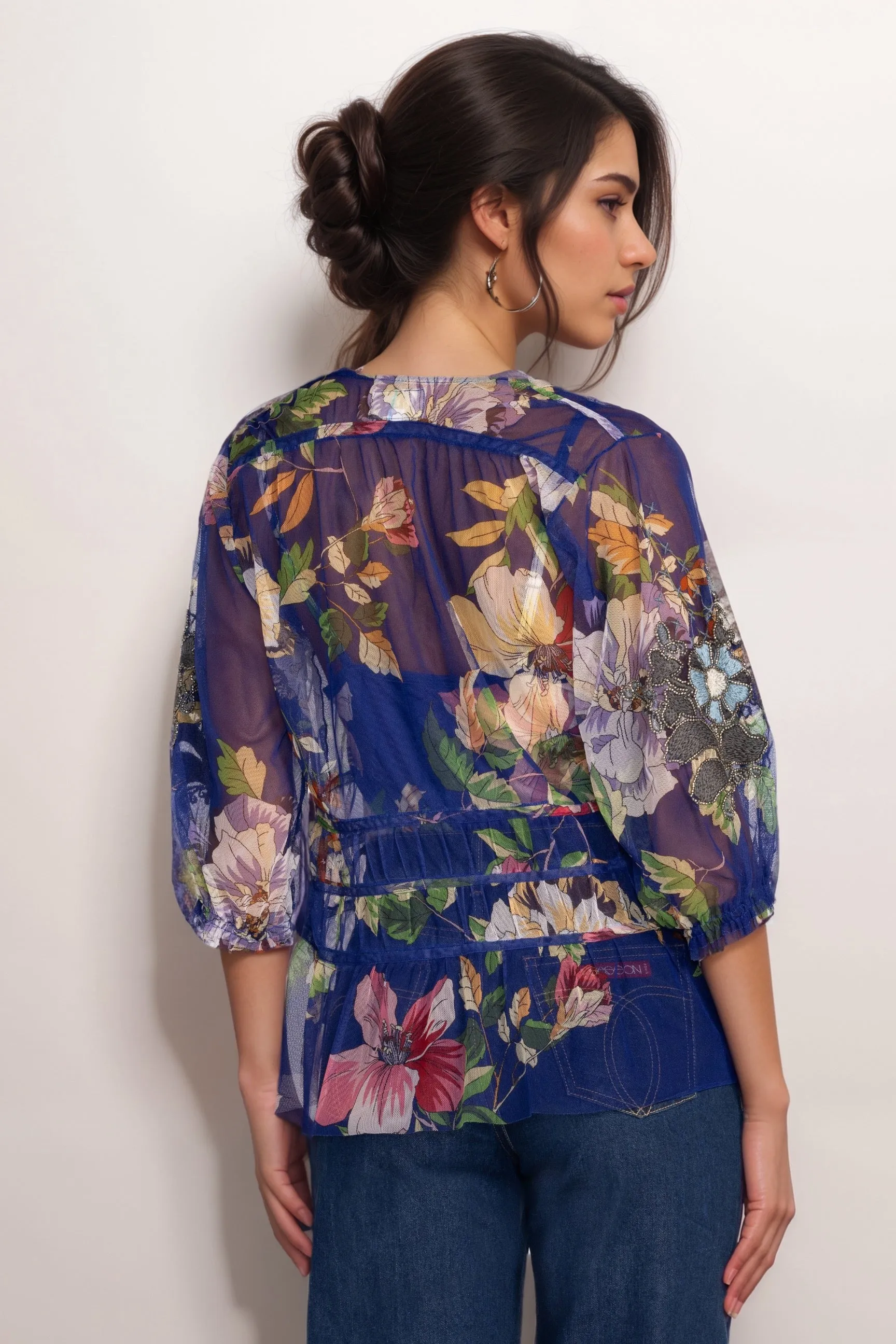 Johnny Was Biya Blue Mazzy Ruched Mesh Blouse B15824