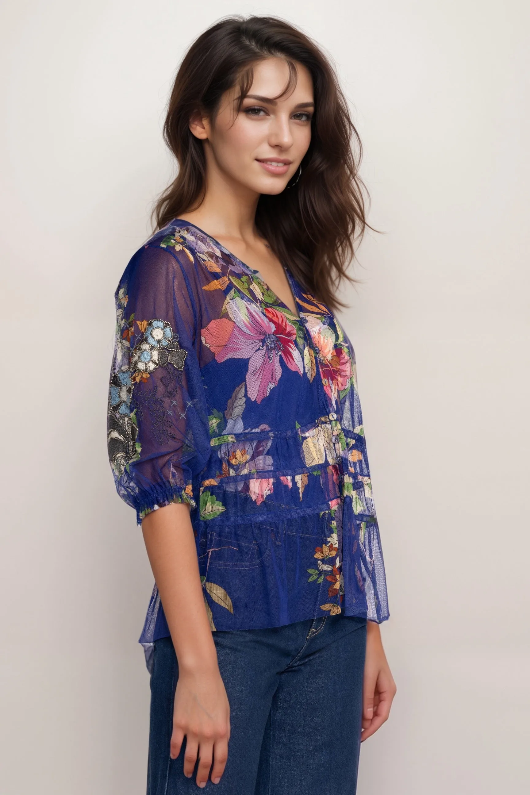 Johnny Was Biya Blue Mazzy Ruched Mesh Blouse B15824