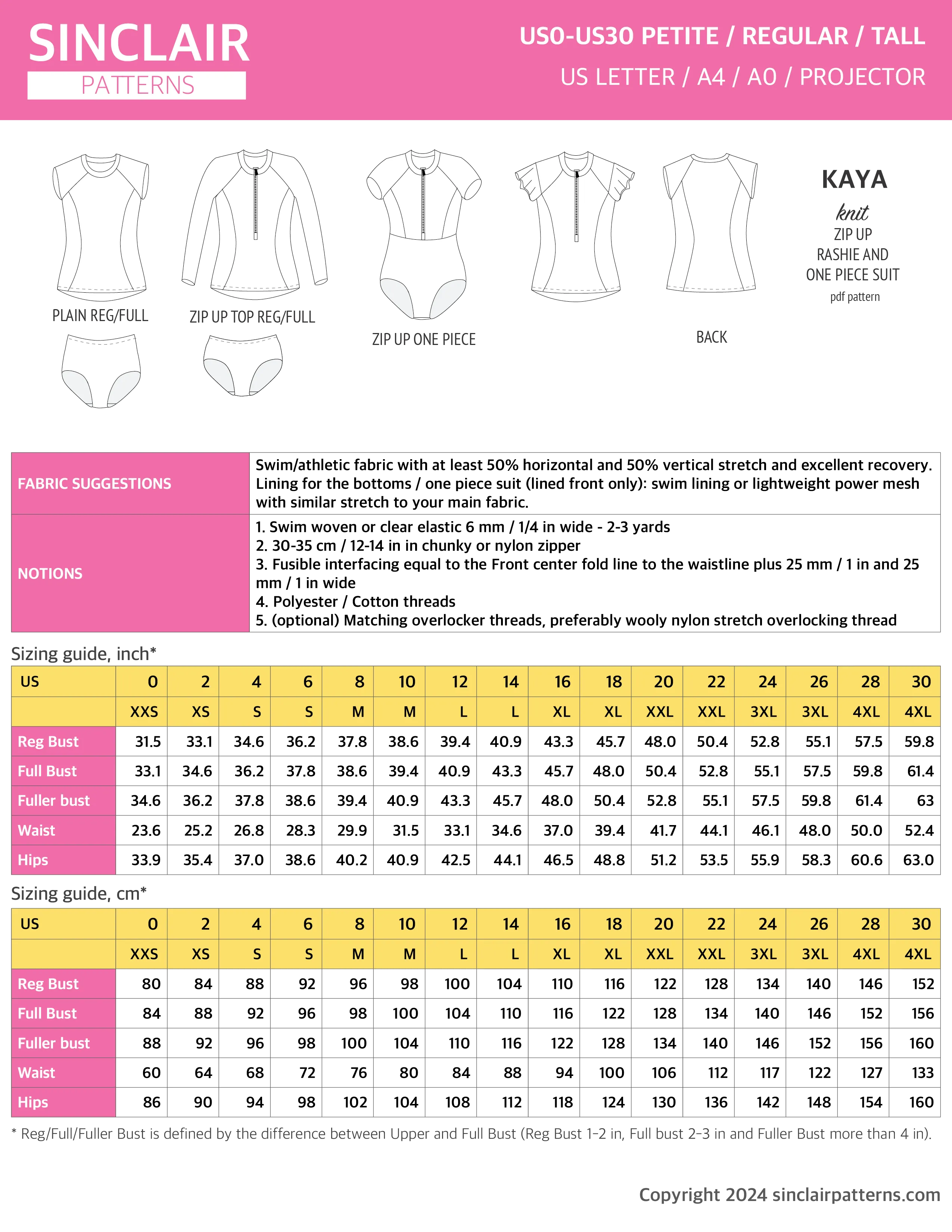 Kaya rash guard, bottoms and one piece swimming suit (PDF)