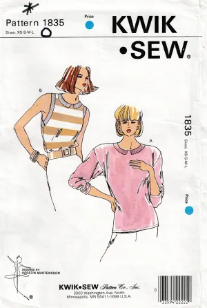 Kwik Sew 1835 Womens Stretch Dolman Sleeved Or Sleeveless Tops 1980s Vintage Sewing Pattern Size XS - L UNCUT Factory Folded