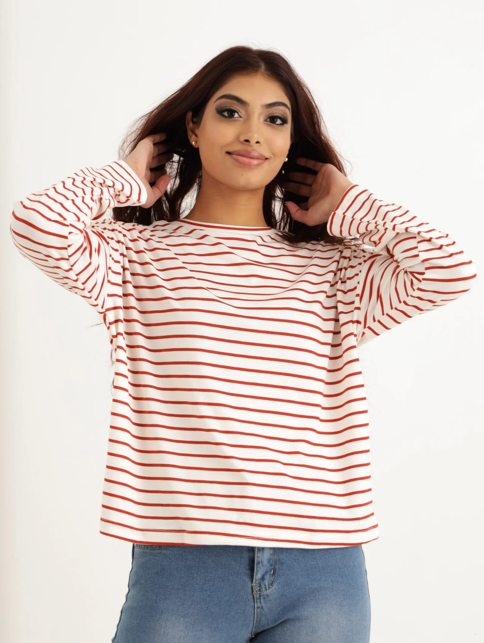 Ladies Long Sleeve Loose Stripe Easy Tee - Rust