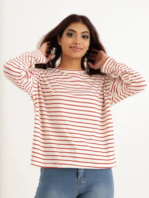Ladies Long Sleeve Loose Stripe Easy Tee - Rust