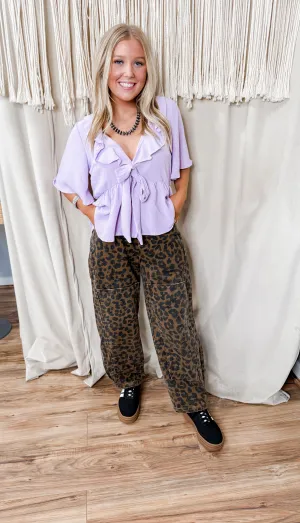 Laney Lavender Front Tie Ruffle V-neck Top