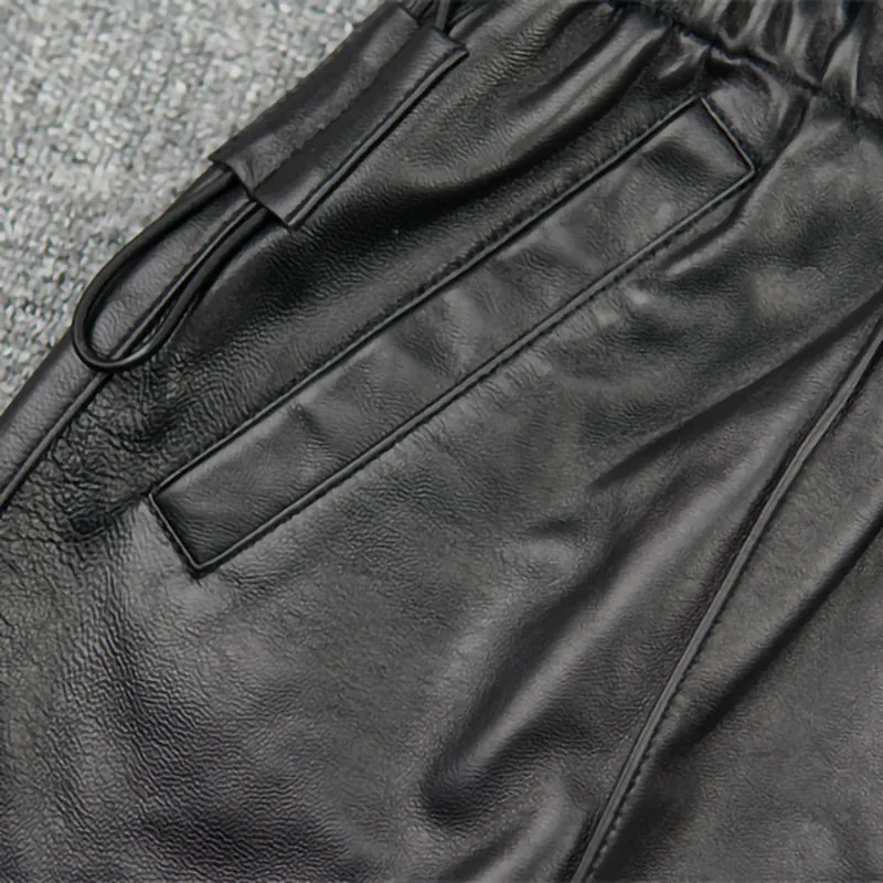 Leather Pants 2022 Autumn Winter Sheepskin Shorts All-Match Eastic Waist Pleated Pocket Wide Leg Pants New Fashion TF4788