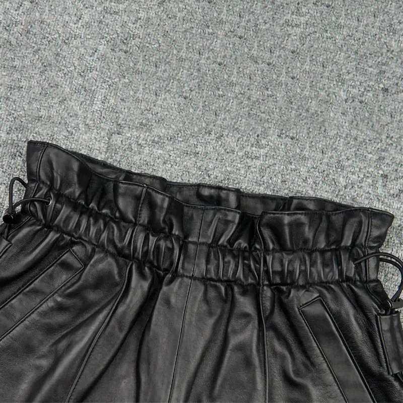 Leather Pants 2022 Autumn Winter Sheepskin Shorts All-Match Eastic Waist Pleated Pocket Wide Leg Pants New Fashion TF4788