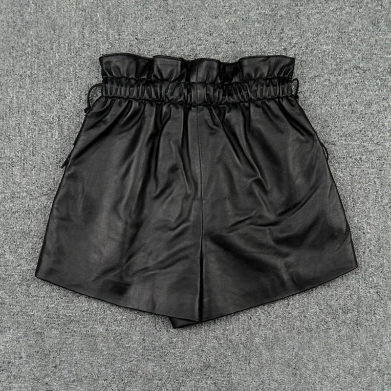 Leather Pants 2022 Autumn Winter Sheepskin Shorts All-Match Eastic Waist Pleated Pocket Wide Leg Pants New Fashion TF4788