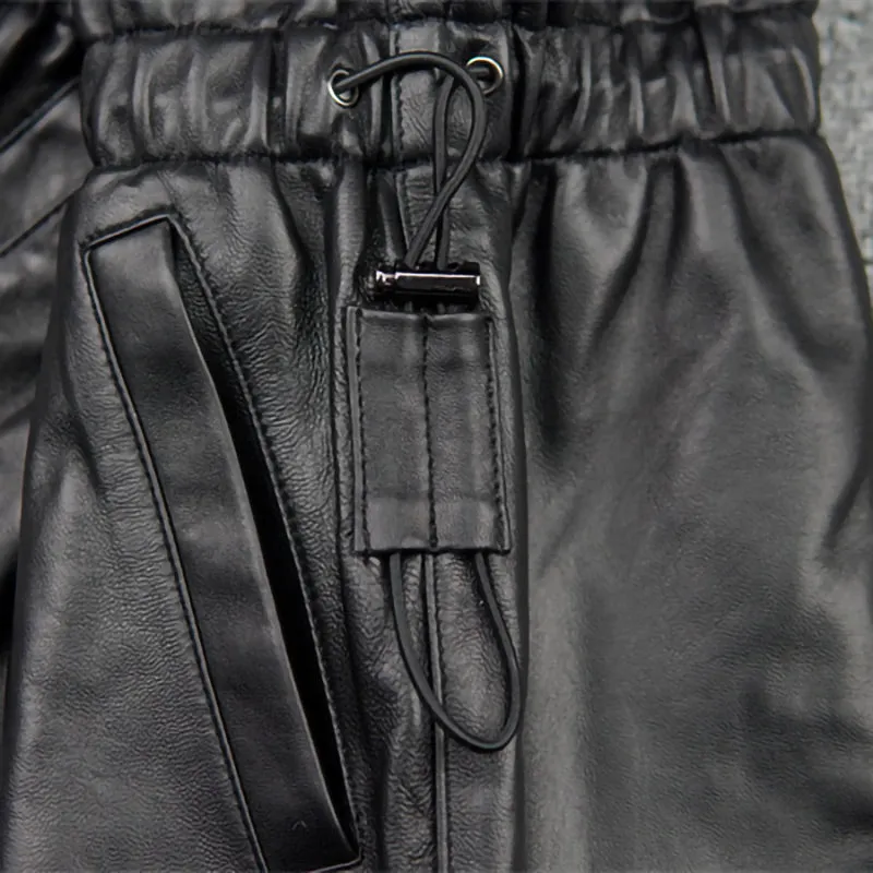 Leather Pants 2022 Autumn Winter Sheepskin Shorts All-Match Eastic Waist Pleated Pocket Wide Leg Pants New Fashion TF4788