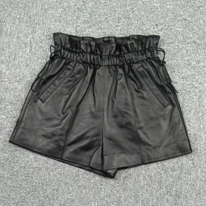 Leather Pants 2022 Autumn Winter Sheepskin Shorts All-Match Eastic Waist Pleated Pocket Wide Leg Pants New Fashion TF4788