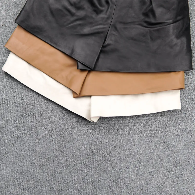 Leather Pants 2022 Autumn Winter Sheepskin Shorts All-Match Eastic Waist Pleated Pocket Wide Leg Pants New Fashion TF4788