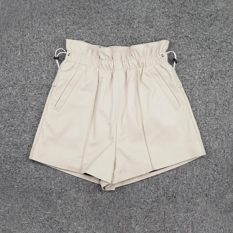 Leather Pants 2022 Autumn Winter Sheepskin Shorts All-Match Eastic Waist Pleated Pocket Wide Leg Pants New Fashion TF4788