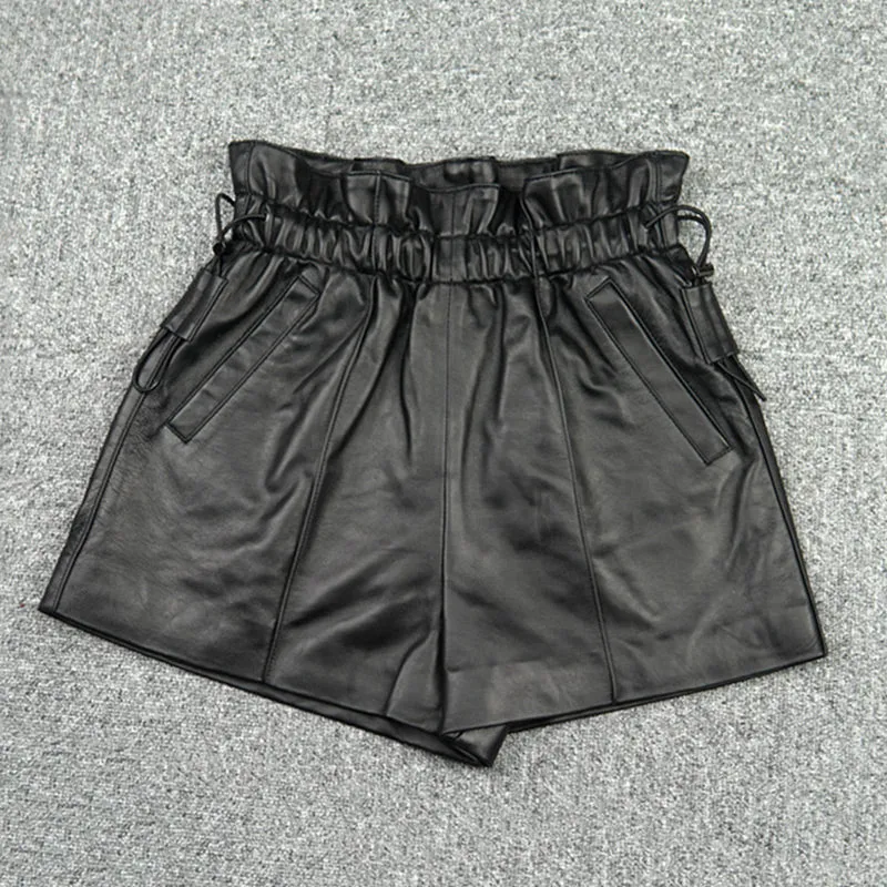 Leather Pants 2022 Autumn Winter Sheepskin Shorts All-Match Eastic Waist Pleated Pocket Wide Leg Pants New Fashion TF4788