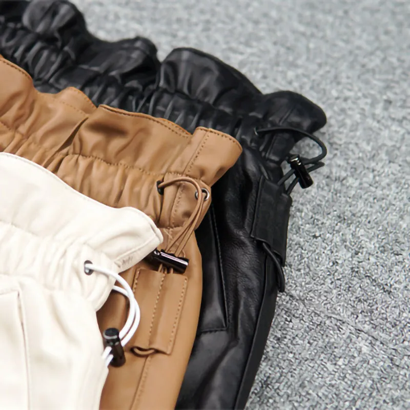 Leather Pants 2022 Autumn Winter Sheepskin Shorts All-Match Eastic Waist Pleated Pocket Wide Leg Pants New Fashion TF4788