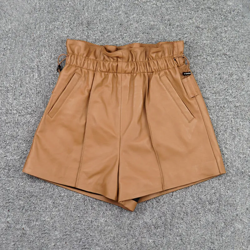 Leather Pants 2022 Autumn Winter Sheepskin Shorts All-Match Eastic Waist Pleated Pocket Wide Leg Pants New Fashion TF4788