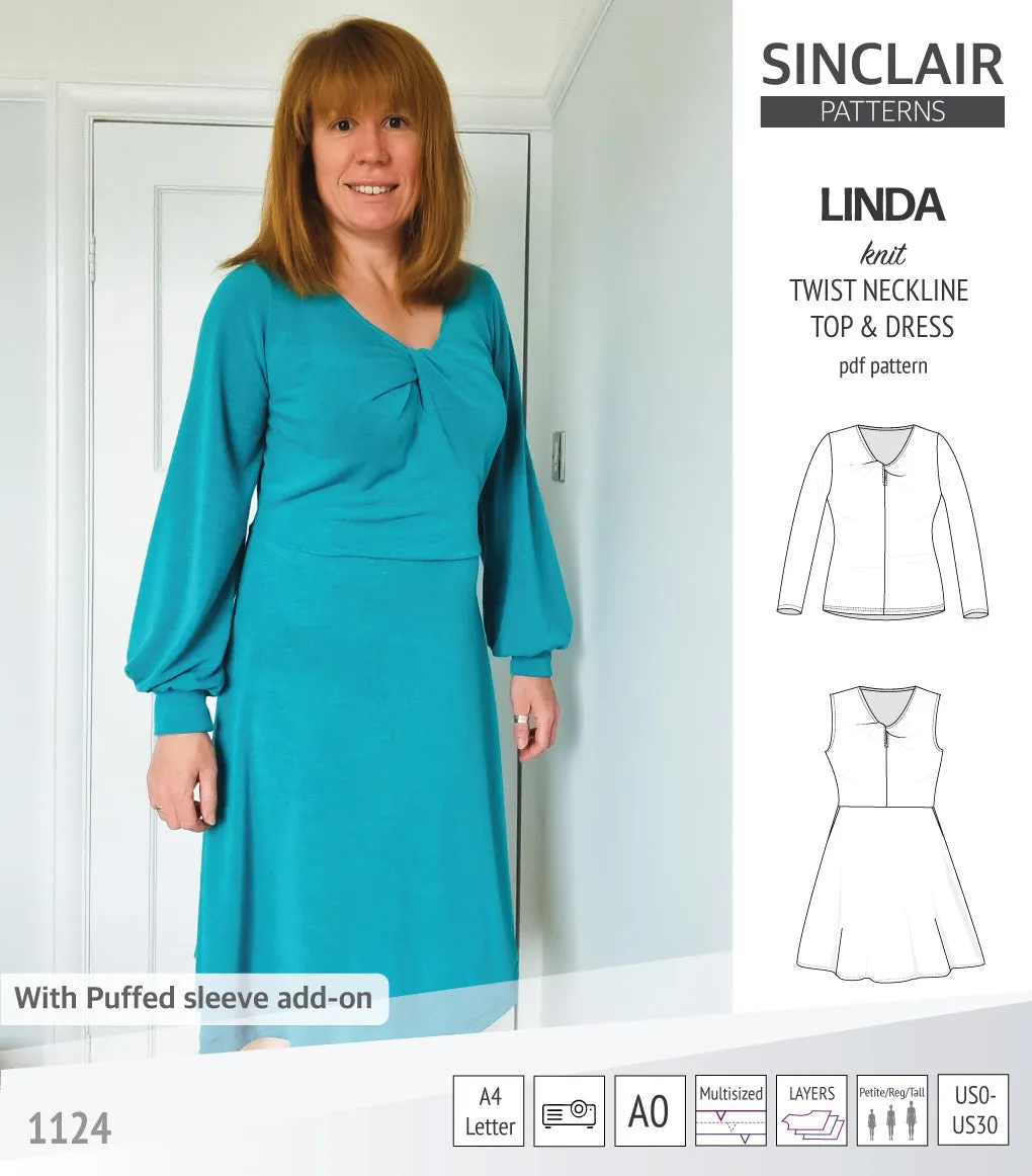 Linda twist neckline knit top and dress (PDF)