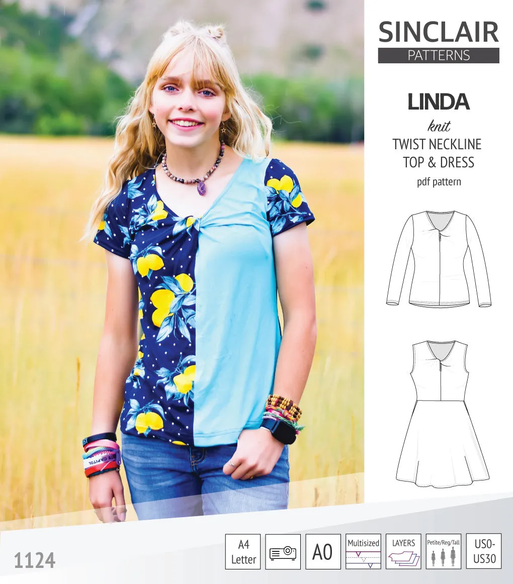 Linda twist neckline knit top and dress (PDF)