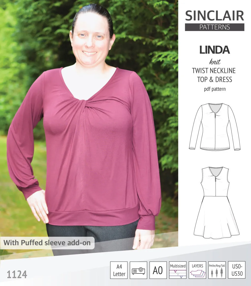 Linda twist neckline knit top and dress (PDF)