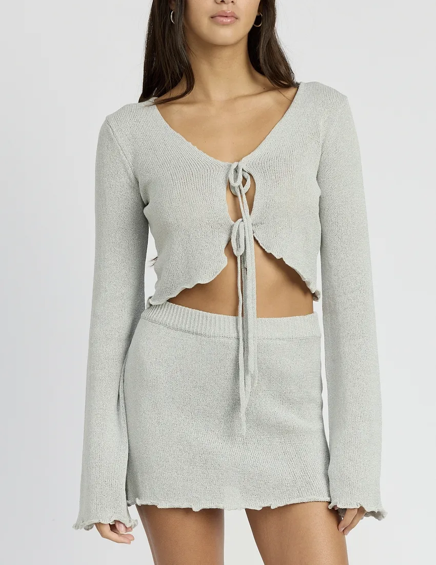 Long Sleeve Front Tie Sheer Knit Sweater
