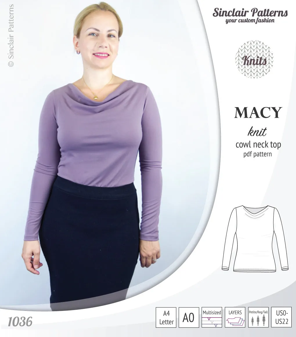 Macy knit semi fitted cowl neck top (PDF)