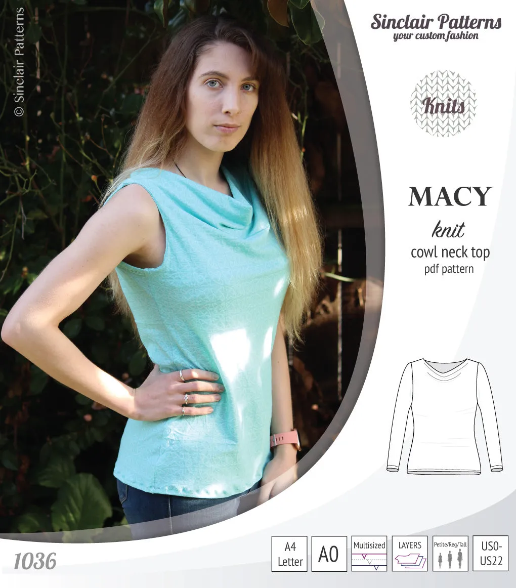 Macy knit semi fitted cowl neck top (PDF)