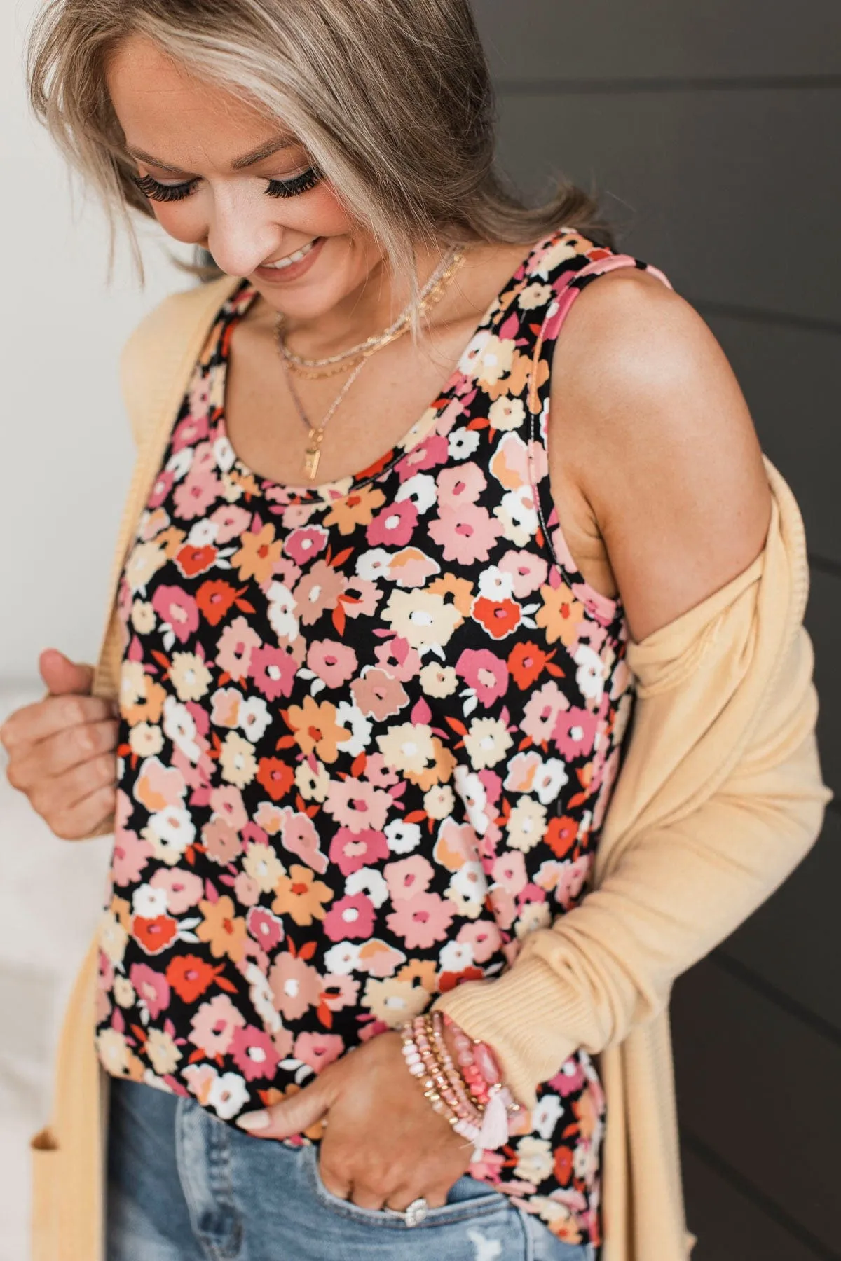 Make It Look Easy Floral Tank Top- Black
