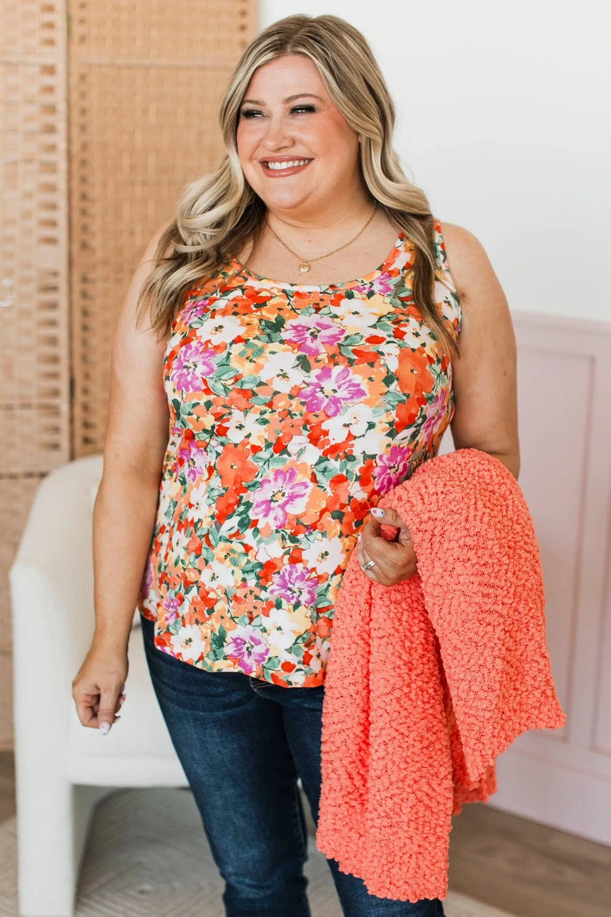 Make It Look Easy Floral Tank Top- Orange