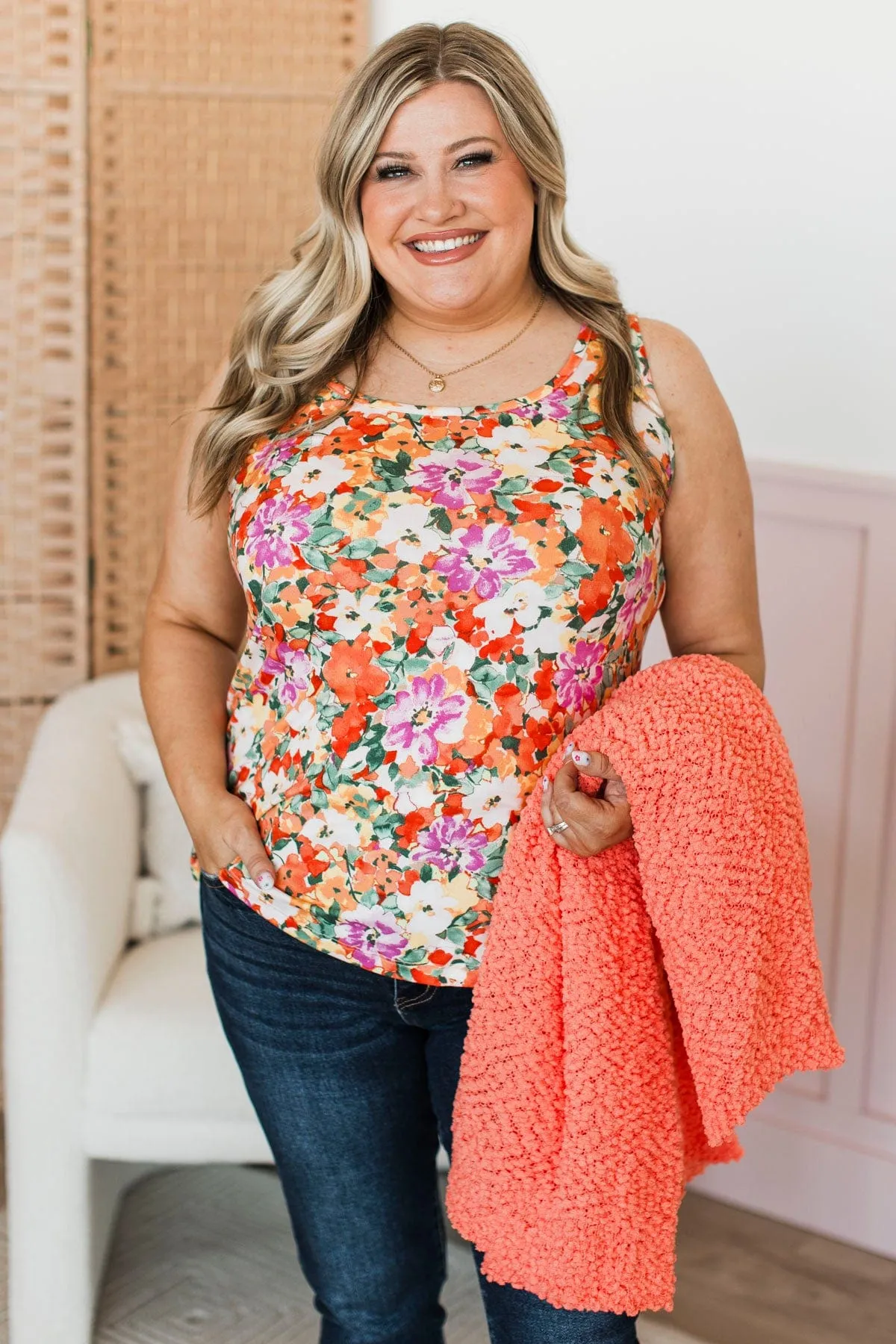 Make It Look Easy Floral Tank Top- Orange