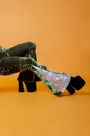 Moss Green Crushed Velvet High Waisted Flare Pants