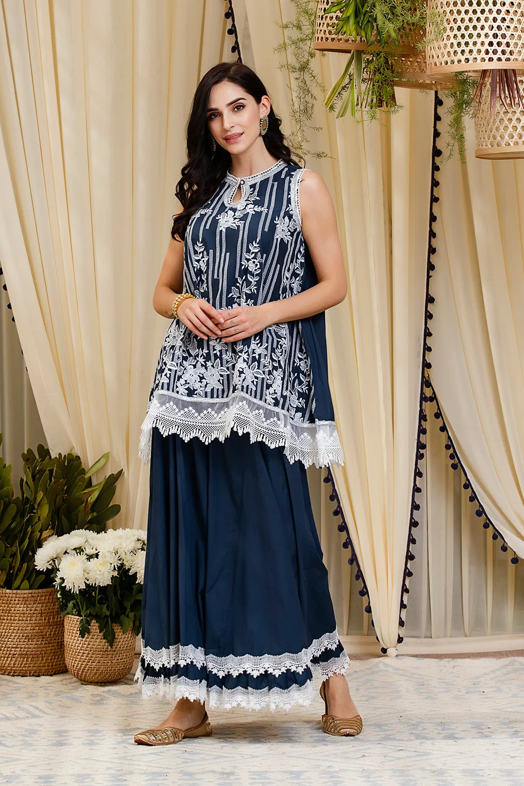 Mulmul Blossom Navy Kurti With Blossom Sharara