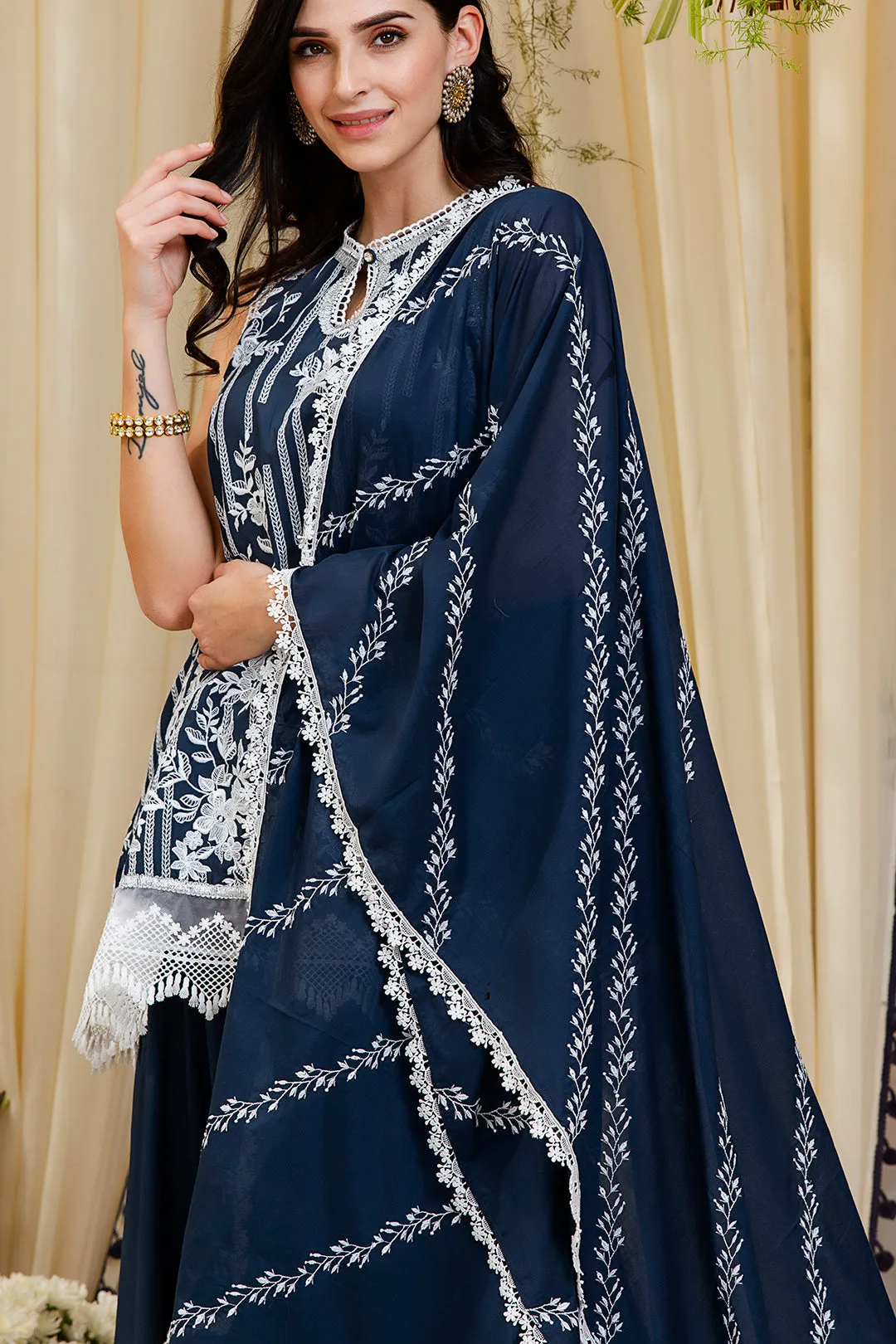 Mulmul Blossom Navy Kurti With Blossom Sharara