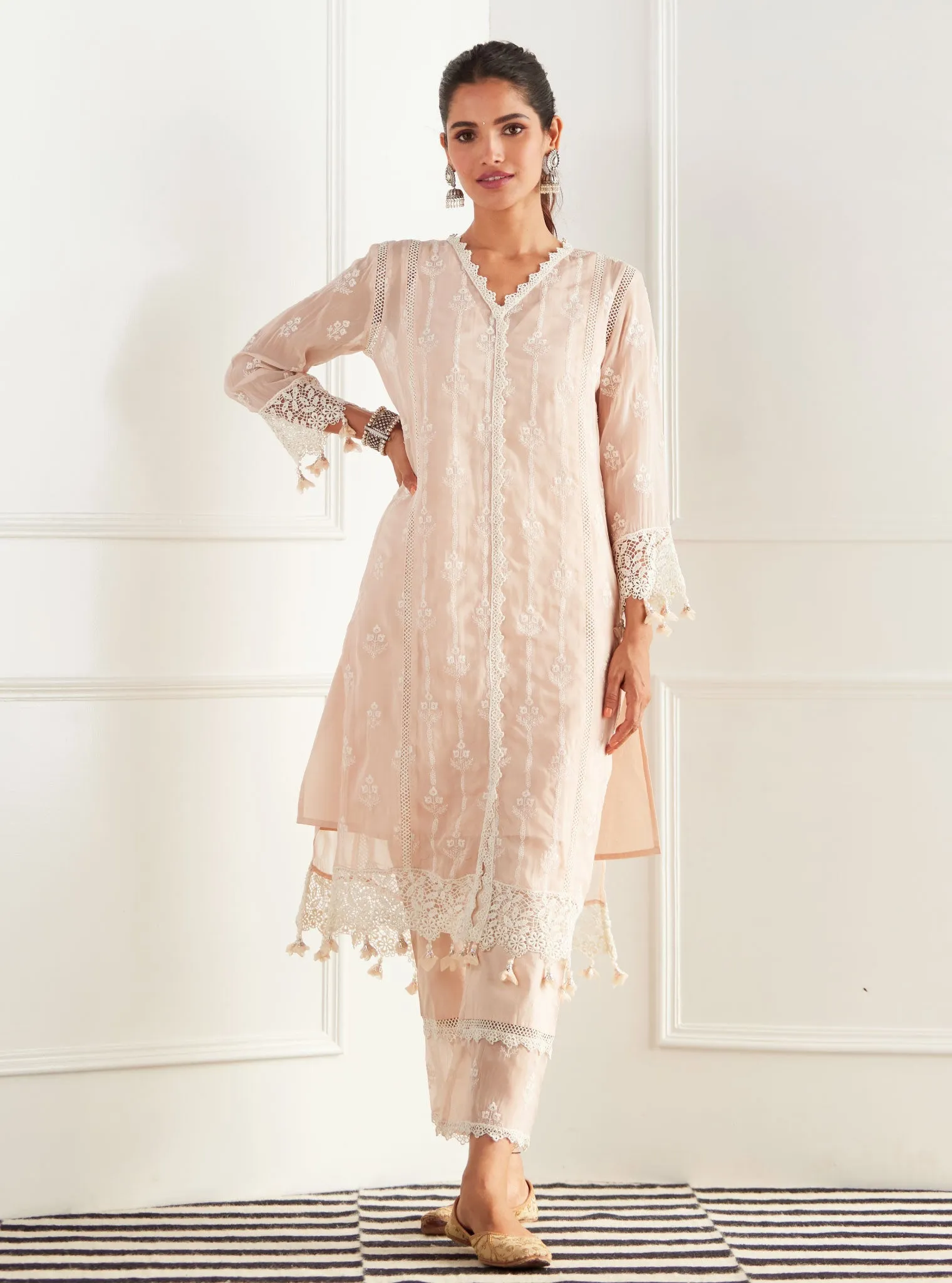 Mulmul Organza Jolene Beige Kurta With Cotton Jolene Beige Pant