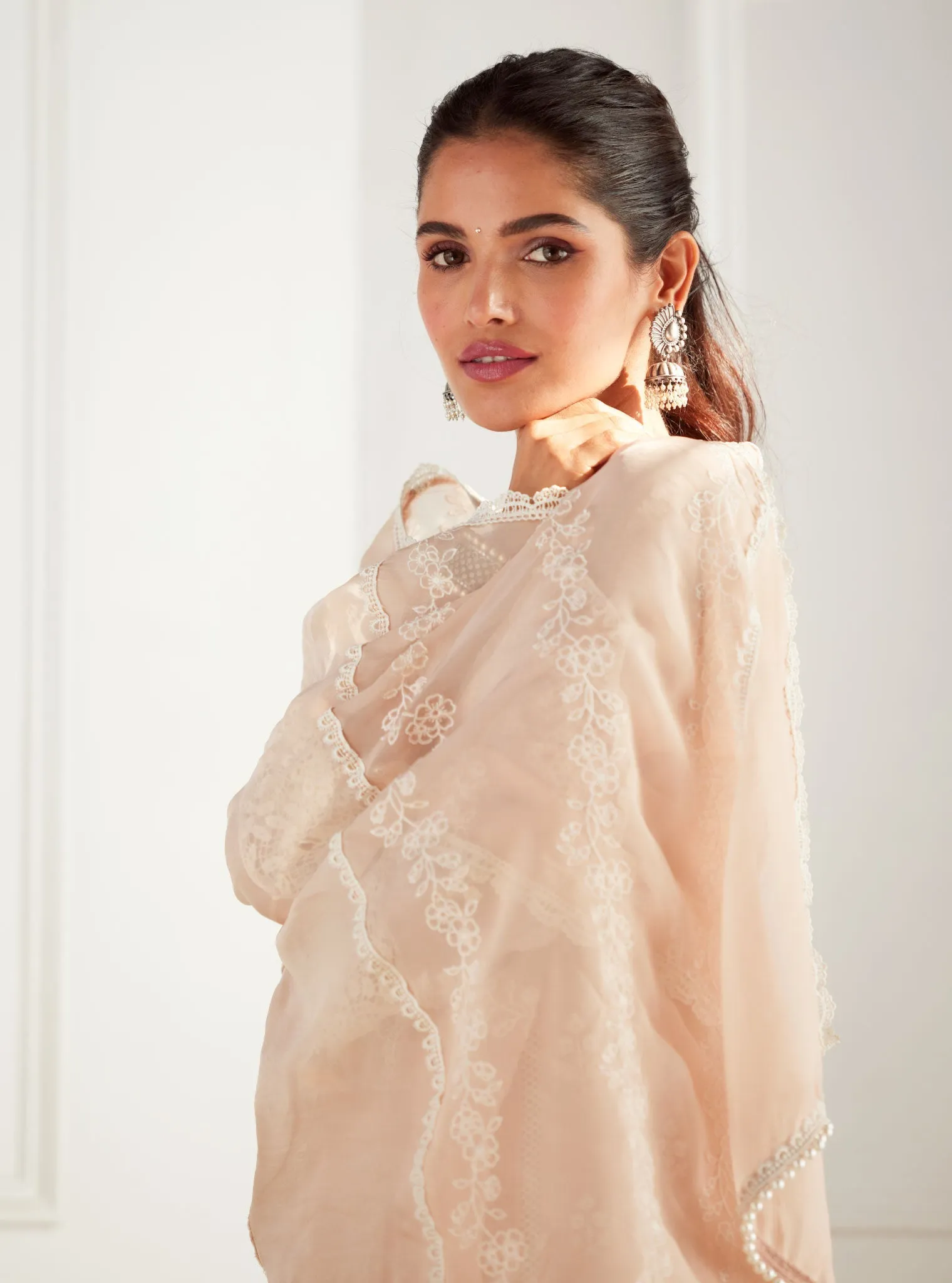 Mulmul Organza Jolene Beige Kurta With Cotton Jolene Beige Pant
