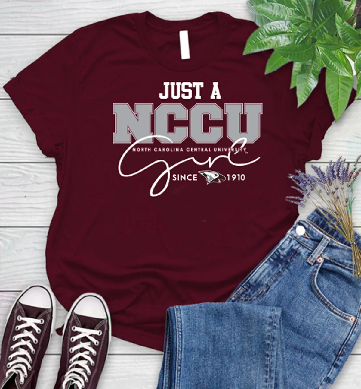 NCCU | JUST A GIRL Maroon Ladies Tees (**)