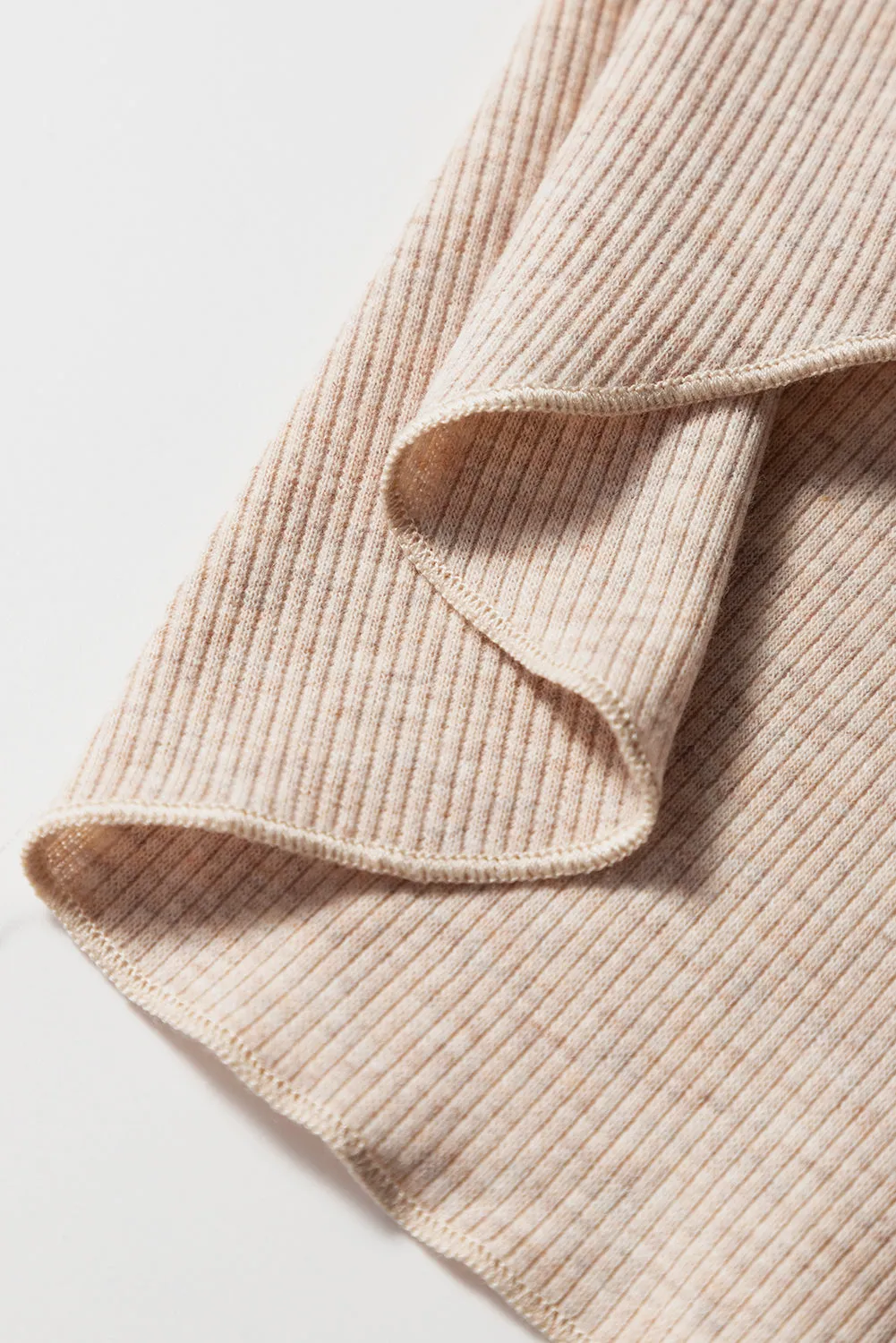 Oatmeal Short Sleeve Half Button Ribbed Knit Top