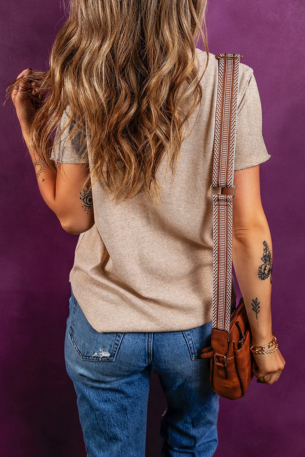 Oatmeal Short Sleeve Half Button Ribbed Knit Top