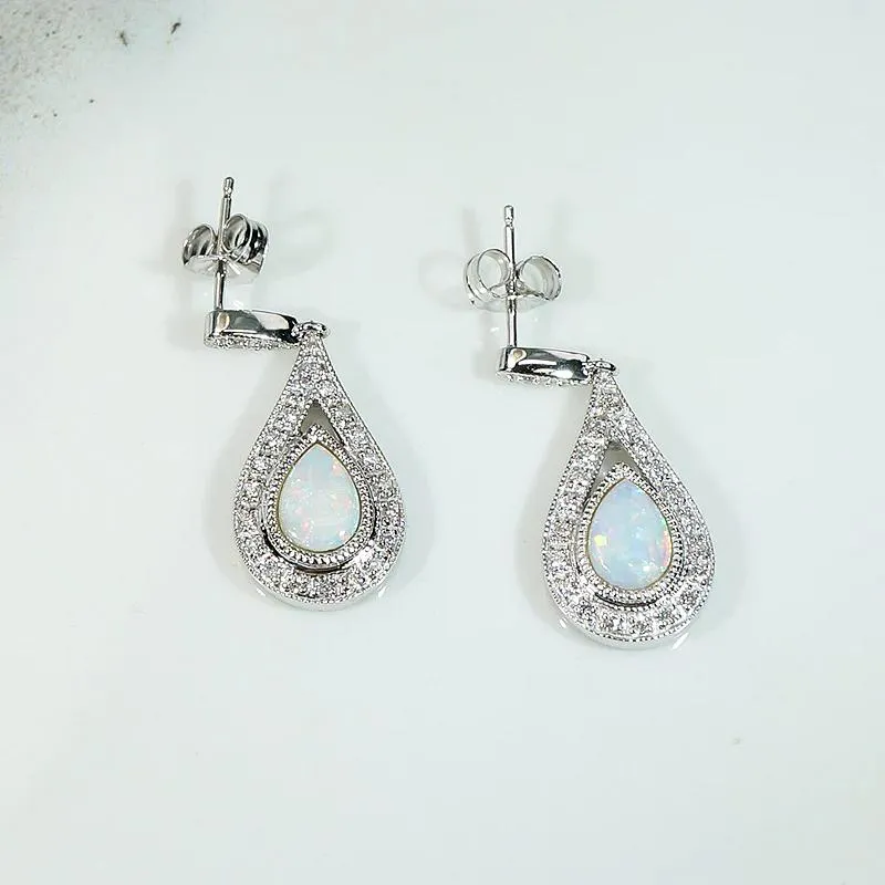 Opal Teardrop Earrings in Diamond Paved White Gold