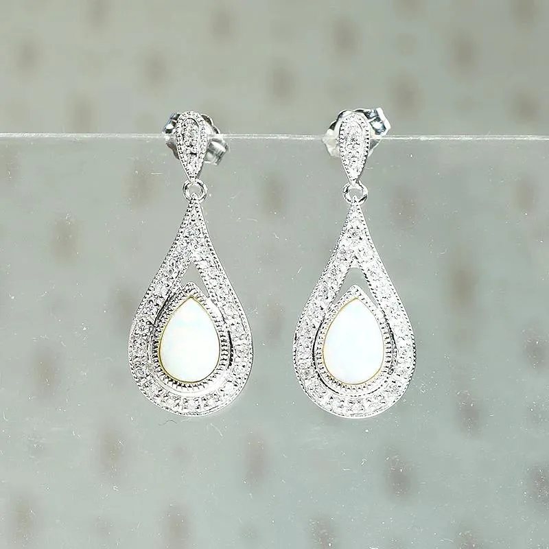 Opal Teardrop Earrings in Diamond Paved White Gold