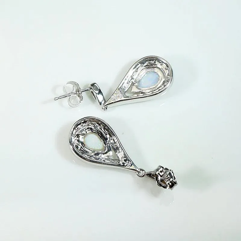Opal Teardrop Earrings in Diamond Paved White Gold