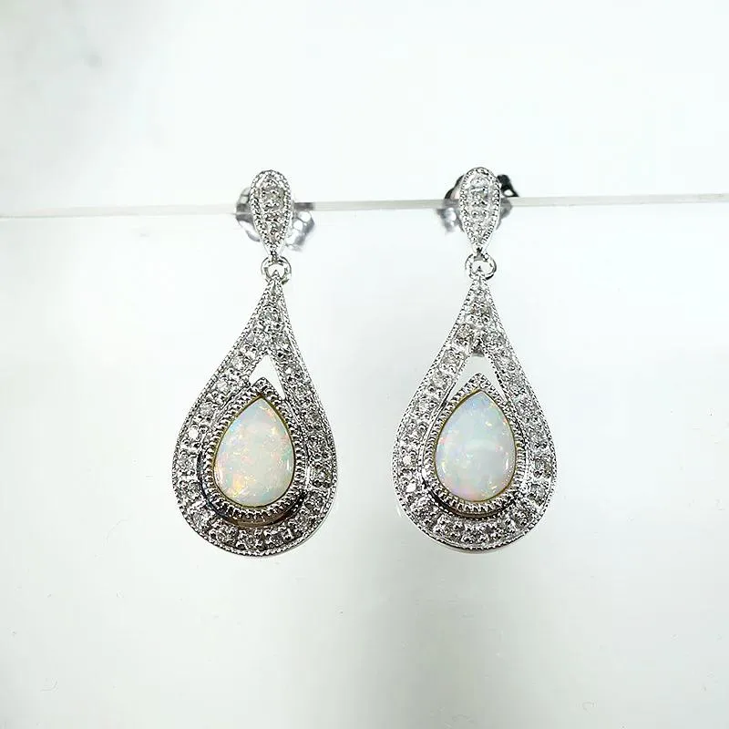 Opal Teardrop Earrings in Diamond Paved White Gold