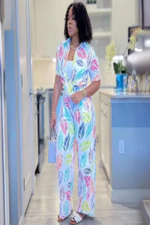 Palm Tree Print Blouse & Pants Set