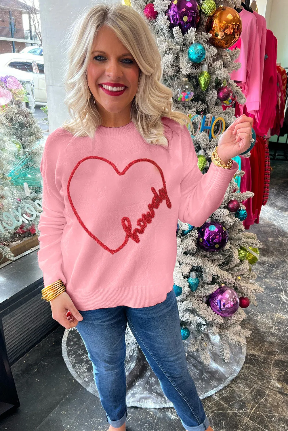 Pink Holly Jolly Round Neck Casual Sweater
