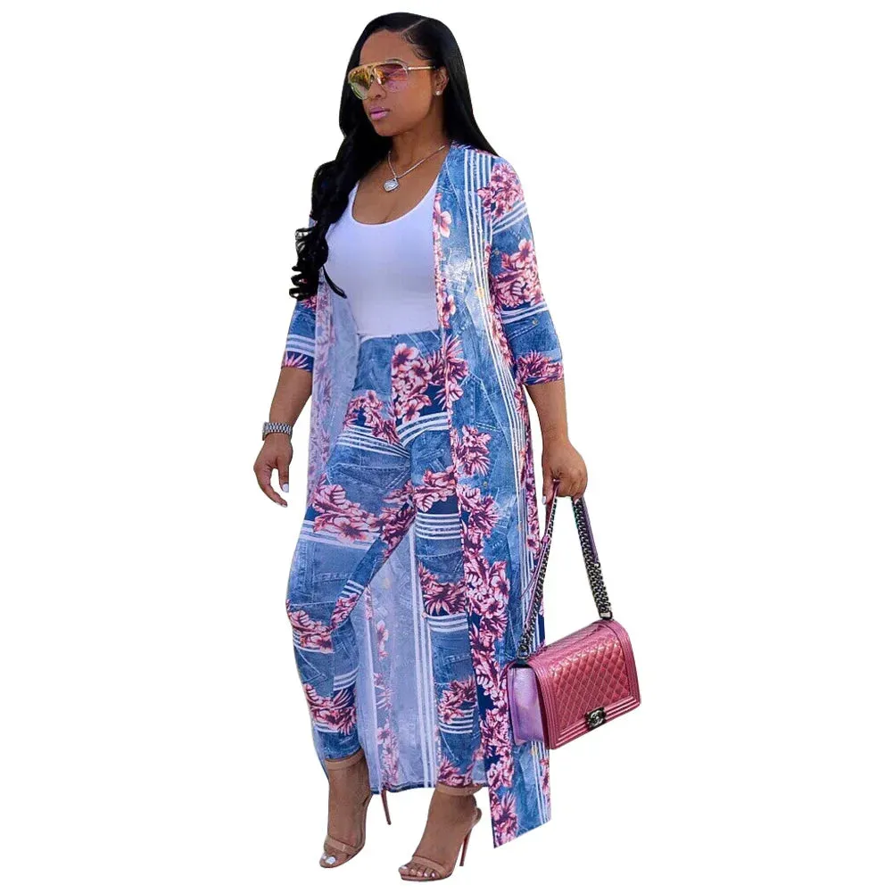 Print Cardigan Long Trench Top and Bodycon Pant Set