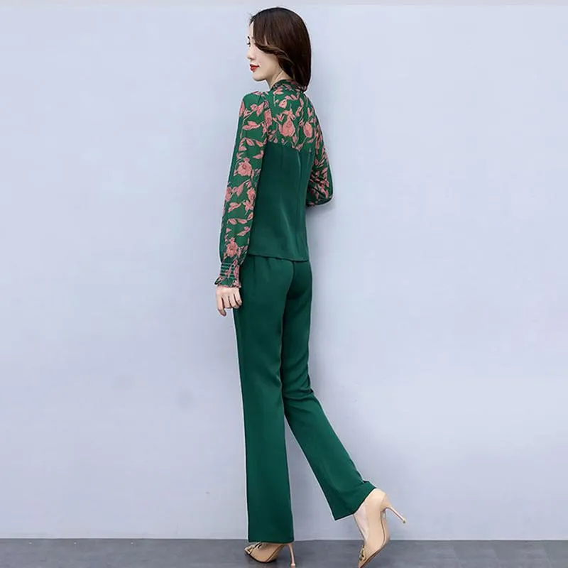 Professional Suit Temperament Was Thin Wide-leg Pants Two-piece Long-sleeved Waist Chiffon Shirt Loose Suit Pants Ladies Temperament Suit