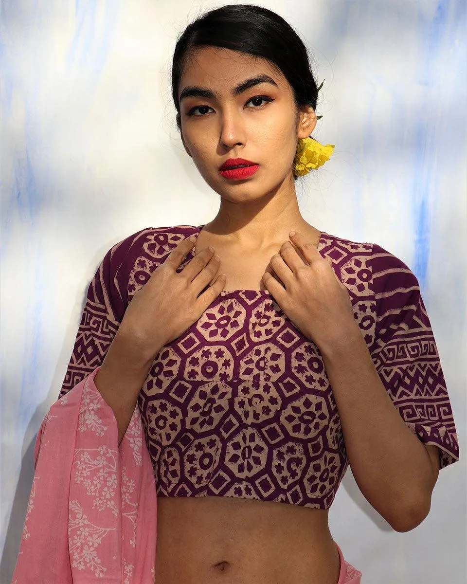 Purple Handprinted Pure Cotton Crop Top Blouse -Skd