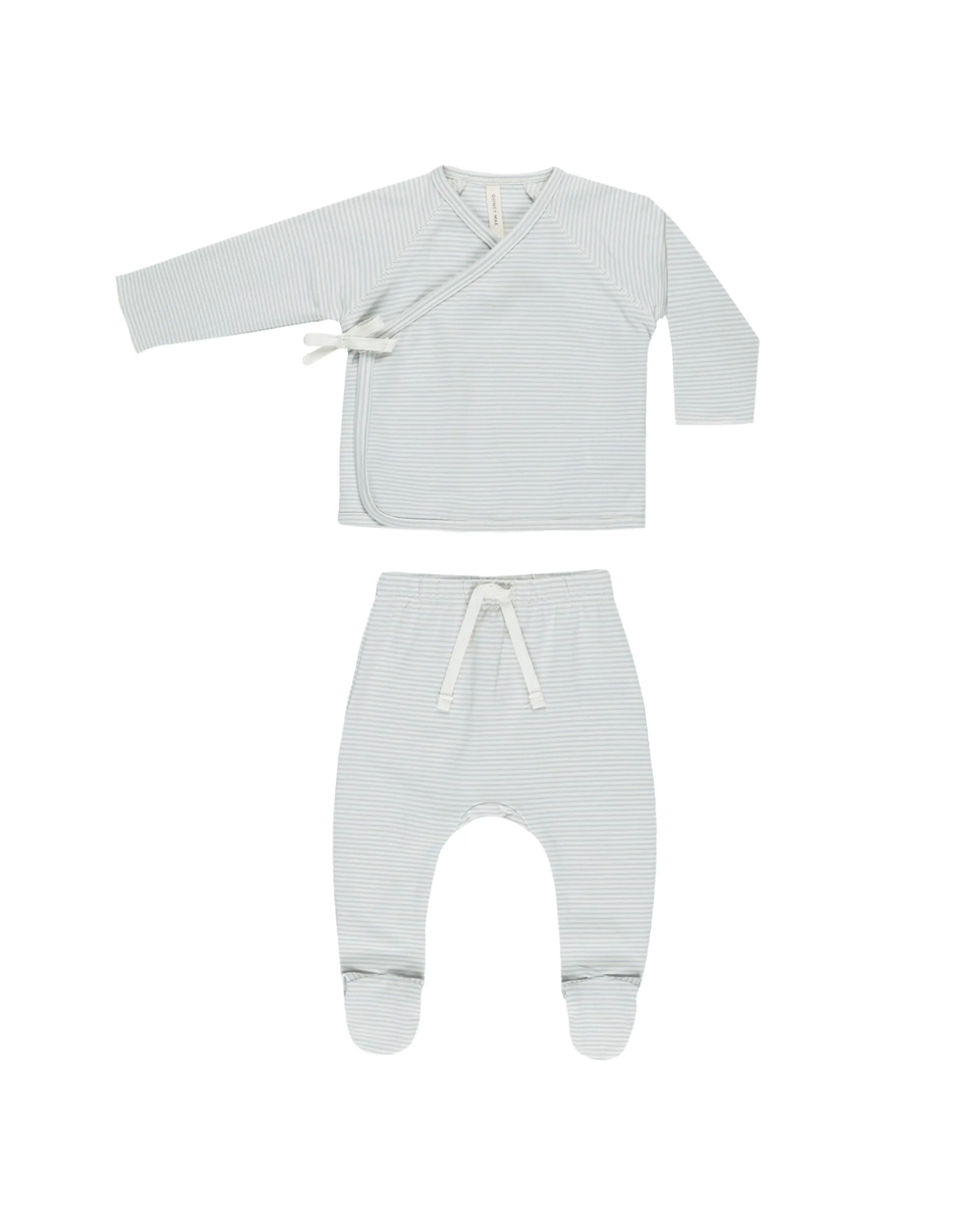 QUINCY MAE WRAP TOP   FOOTED PANT SET ||  SKY MICRO STRIPE