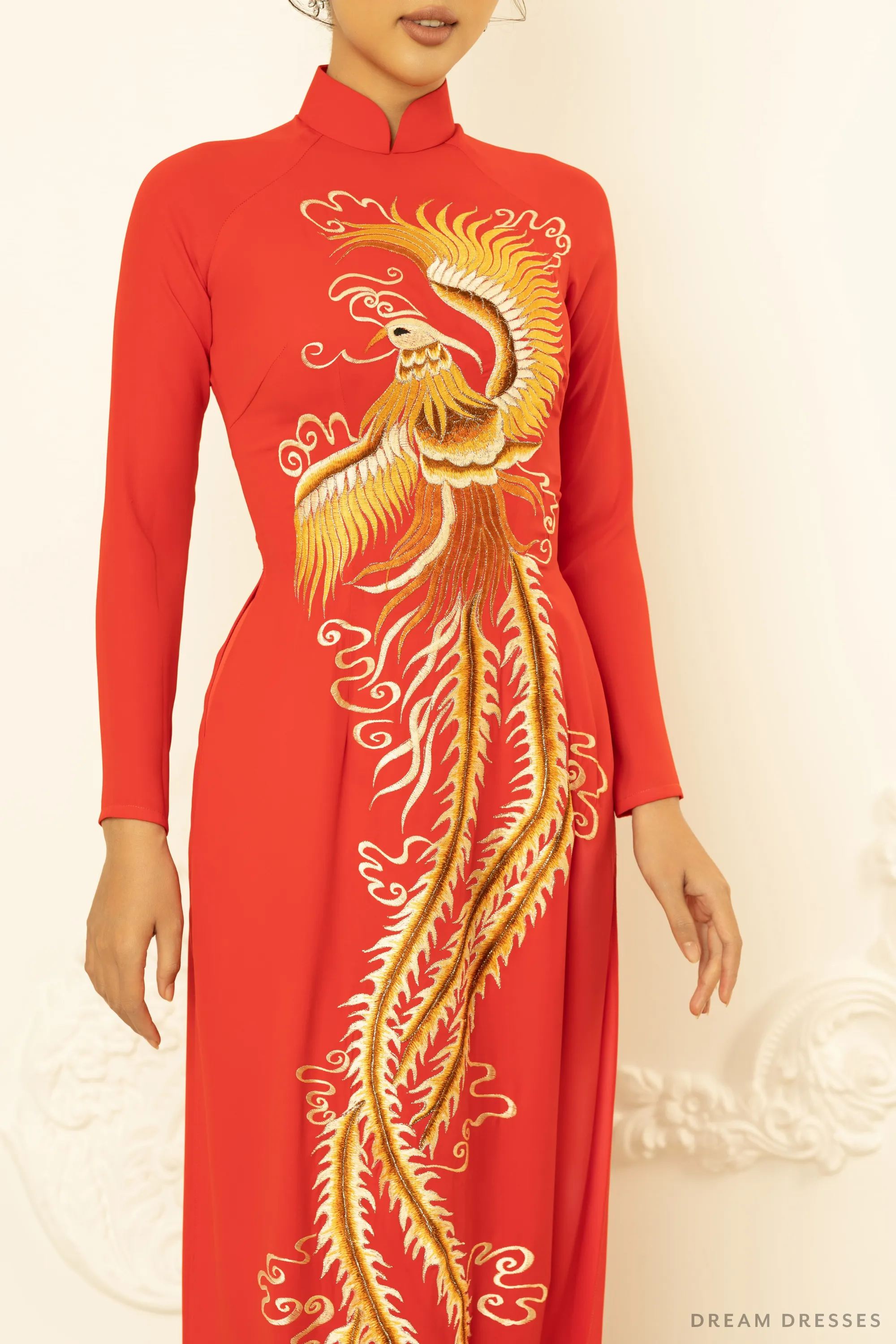 Red Bridal Ao Dai | Vietnamese Traditional Bridal Dress with Phoenix Embroidery (#YEDDA)